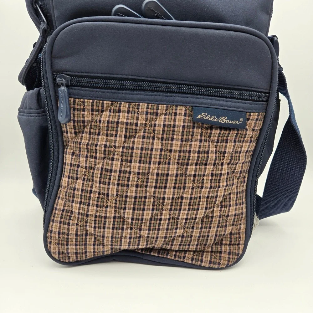 VTG Eddie Bauer Diaper Bag Blue Brown Plaid Quilted Travel Utility Gorpcore
